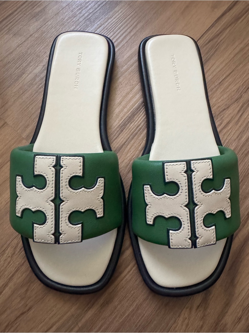 Tory Burch Green Leather Slide Sandals with Cream Logo